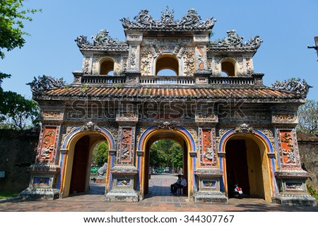 HUE, VIETNAM - MARCH 27, 2015: Structures of Hue Citadel Complex.Complex of Hue Monuments lies along the Perfume River in Hue City and some adjacent areas of Thua Thien Hue Province