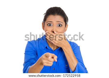 Closeup portrait of pretty young woman pointing with index finger ...