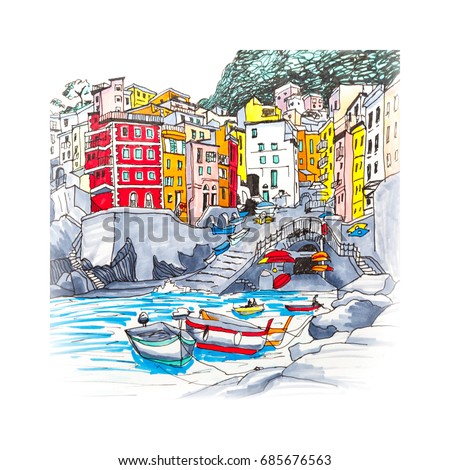 Colorful Fishing Boats And Funny Houses In Riomaggiore Harbour Five Lands Cinque Terre National