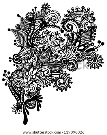 Hand draw black and white line art ornate flower design ukrainian traditional style raster Hand draw black and white line art ornate flower design ukrainian traditional style raster