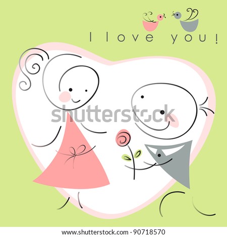 valentines couple, women and men with rose on green background of heart . Vector illustration of Valentine card