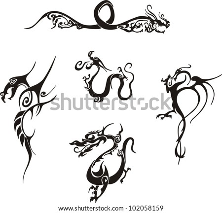 Five Awesome Simple Dragon Tattoo Designs Vinyl Ready EPS Illustrations Black And White Five Awesome Simple Dragon Tattoo Designs Vinyl Ready EPS Illustrations Black And White