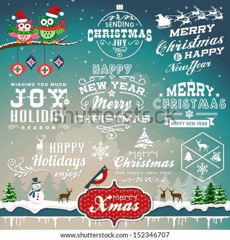 Christmas decoration collection of calligraphic and typographic design with labels, symbols and icons elements