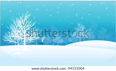 Snow landscape with trees and a house