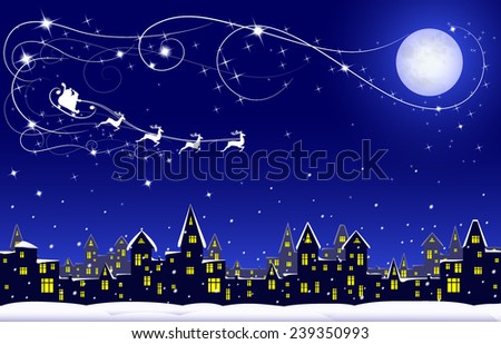 night winter town, moon and santa on his rein deers on blue dark sky, vector illustration