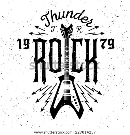 monochrome hipster vintage label , badge , flayer " thunder rock " for poster or t-shirt print with electric guitar, lightning