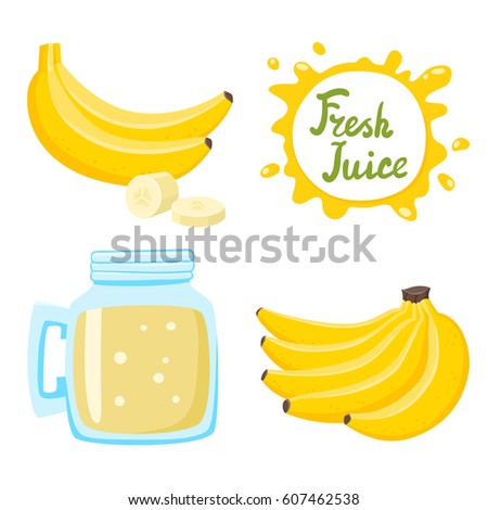 Vector set of natural fresh banana juice in bank and bananas isolated on white in cartoon style. Healthy organic fruit lemonade and speech bubbles with handwritten lettering