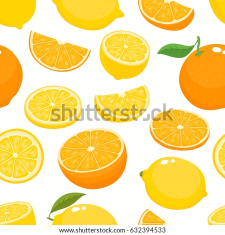 Vector seamless pattern with cartoon lemons and oranges isolated on white. Bright half, slice and whole of juice fruits. Illustration used for magazine, book, poster, card, menu cover, web pages.