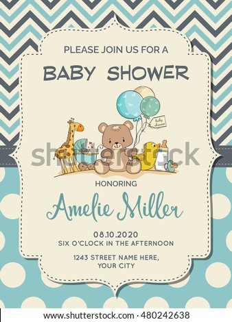 Beautiful baby boy shower card with toys, vector format