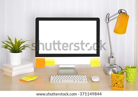 Workplace background with desk, office accessories, computer and venetian blinds