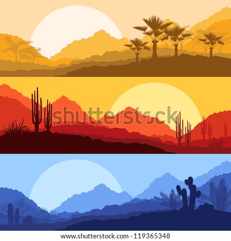 Desert wild nature landscapes with cactus and palm tree plants illustration collection background vector