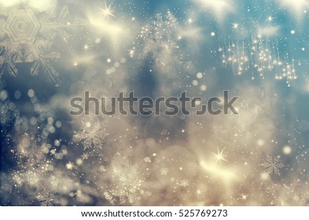 Magic holiday abstract glitter background with blinking stars and falling snowflakes. Blurred bokeh of Christmas lights.