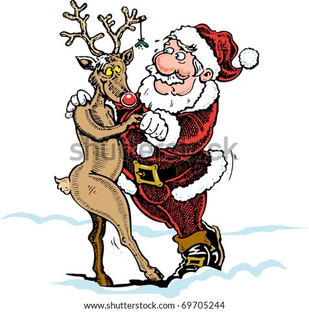 stock-vector-cartoon-of-santa-and-rudolf-the-reindeer-dancing-in-the-snow-under-the-mistletoe-santa-rudolf-69705244.jpg
