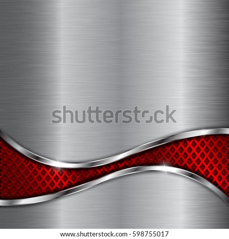 Metal background with red steel perforated wave element. Vector 3d illustration