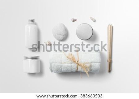 Cosmetics SPA branding mock-up, top view, on white background, place you design