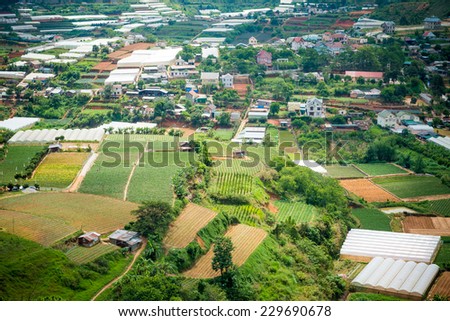 View of Dalat City, Vietnam with blue sky and clouds on a sunny day