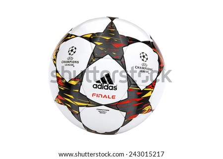VILNIUS, LITHUANIA - JANUARY 10, 2015: The Adidas Finale 2014-15 UEFA Champions League Ball isolated on white background
