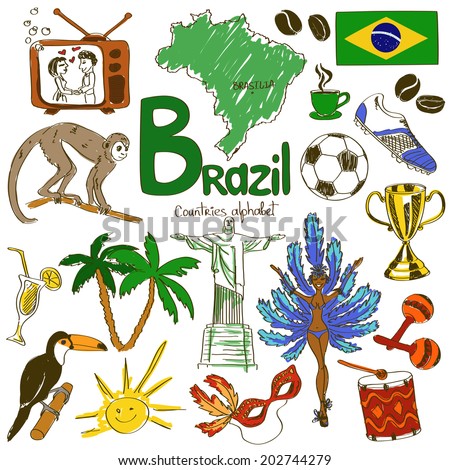 Colorful Sketch Collection Brazil Icons Countries Stock