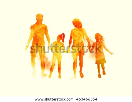 A young happy family walking together. Watercolour vector illustration.