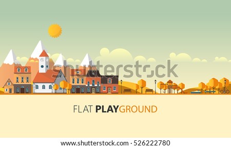 Flat Design Village Abstract Landscape. Vector Illustration.