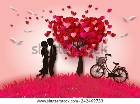 Concept of valentine day , two enamored under a love tree in the spring season,paper art and craft style.