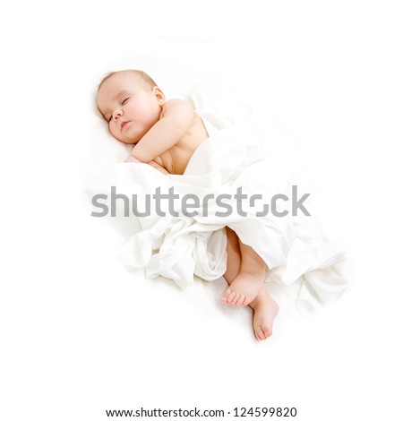 Baby sleeping covered sheet. Isolated on white background.