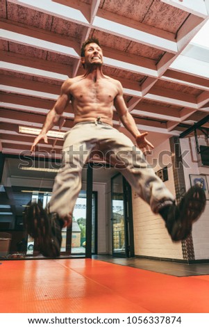 Aalst, Belgium - October 13, 2012: professional stuntman O. B. on training