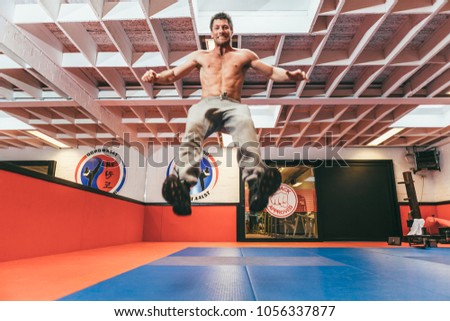 Aalst, Belgium - October 13, 2012: professional stuntman O. B. on training
