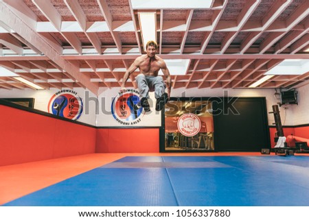 Aalst, Belgium - October 13, 2012: professional stuntman O. B. on training