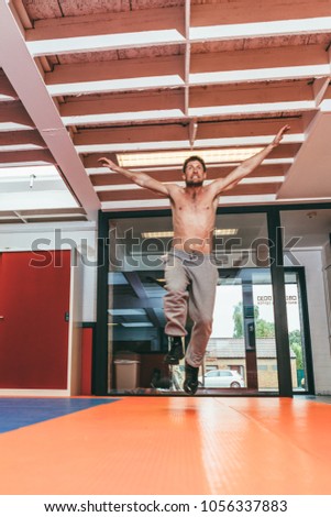 Aalst, Belgium - October 13, 2012: professional stuntman O. B. on training