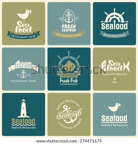 Set Of Logos On The Theme Seafood In Retro Style Set Of Logos On The Theme Seafood In Retro Style