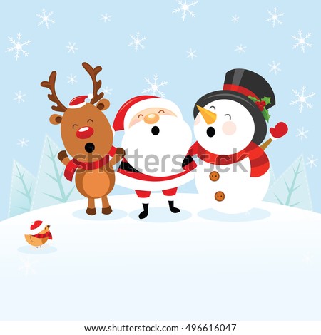 Santa With Snowman and Reindeer