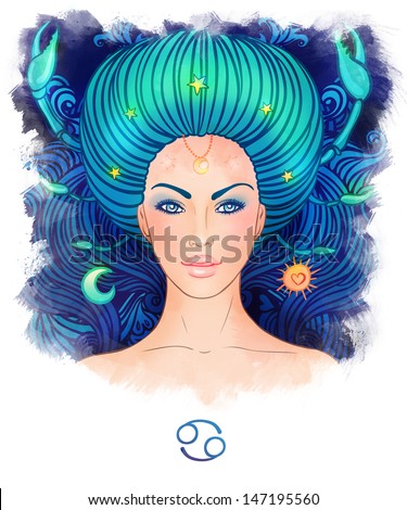 Illustration of cancer zodiac sign as a beautiful girl. Watercolor ...