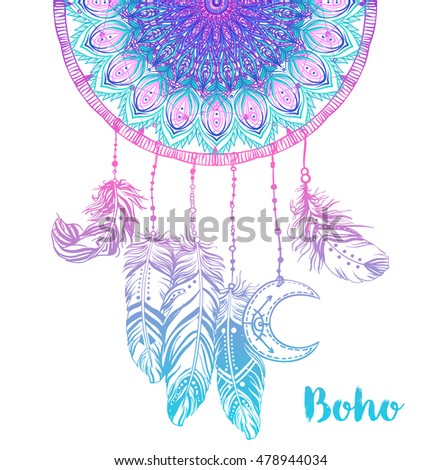 Hand Drawn Native American Indian Talisman Dream Catcher With Mandala Round Pattern Feathers Moon Hand Drawn Native American Indian Talisman Dream Catcher With Mandala Round Pattern Feathers Moon
