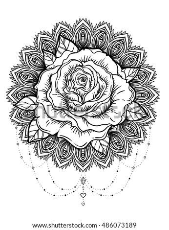 Download Hand Drawn Rose Flower Over Ornate Stock Vector 486073189 ...