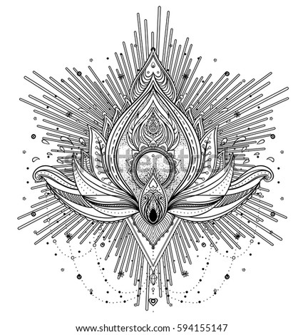 Vector ornamental Lotus flower, ethnic art, patterned Indian paisley. Hand drawn illustration. Invitation element. Tattoo, astrology, alchemy, boho and magic symbol.