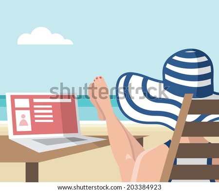 Girl sitting on the beach with her laptop - vector illustration