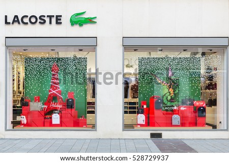 GENEVA, SWITZERLAND - NOVEMBER 30, 2016: A Lacoste store. Lacoste is a French apparel company that sells high-end clothing, most famously tennis shirts.