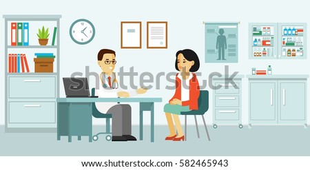 Medicine concept with doctor and patient in flat style. Practitioner doctor man and young woman patient in hospital medical office. Consultation and diagnosis