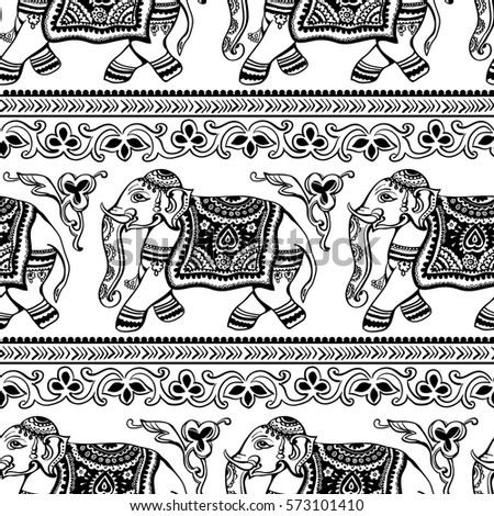 Seamless Pattern Indian Ornamental Elephants Tribal Stock