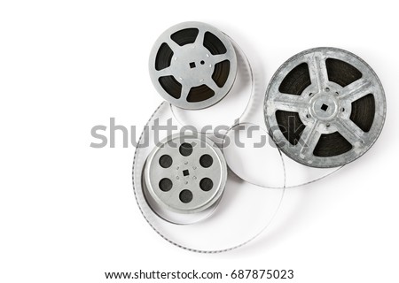 Old film strip isolated on white background. Top view. Copy space