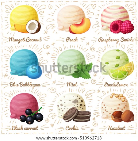 Set of cartoon vector icons isolated on white background. Ice cream scoops with different fruit and berry flavors. Coconut ice cream, Peach, Raspberry Swirls, Blue Bubblegum, Mint and others. Part 5