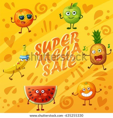 Bright orange background with crazy funny fruit characters. Cheerful food emoji present super sale banner. Cartoon vector illustration: green apple, banana, cheerful orange, fool watermelon, pineapple