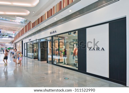 BEIJING-AUG. 21, 2015. Zara outlet exterior. The world's biggest fashion retailer still expands quickly. Last years, sales grown 17% annually. Every year, it opens stores in more than sixty countries.