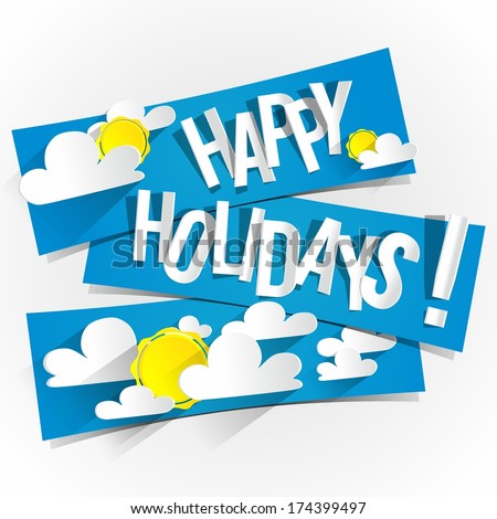 Happy Summer Holidays With Sun And Clouds On Blue Banners vector illustration