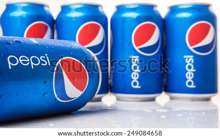 KUALA LUMPUR, MALAYSIA - FEBRUARY 2ND 2015. Cans of Pepsi drinks. Pepsi is a carbonated soft drink produced and manufactured by PepsiCo Inc. an American multinational food and beverage company.