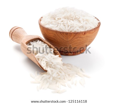 basmati rice in a wooden bowl isolated on white background