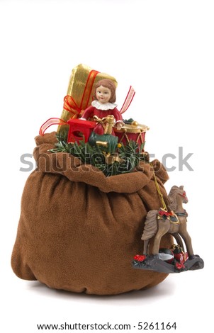 Santa's toy bag with doll, train, horse, drum and wrapped gift