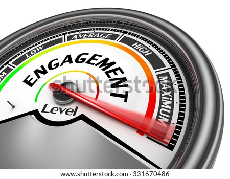 Engagement level to maximum conceptual meter, isolated on white background