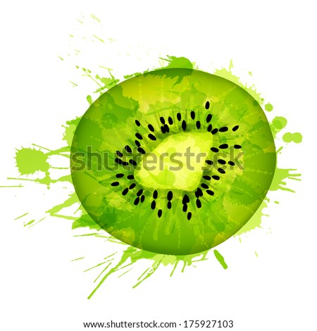 Kiwi fruit slice made of colorful splashes on white background